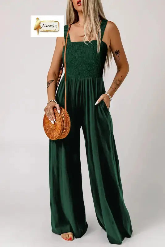 Ginger Smocked Sleeveless Wide Leg Jumpsuit with Pockets Dear-Lover Dropshipping