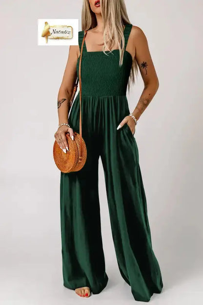 Ginger Smocked Sleeveless Wide Leg Jumpsuit with Pockets Dear-Lover Dropshipping