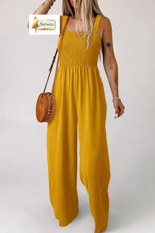 Ginger Smocked Sleeveless Wide Leg Jumpsuit with Pockets Dear-Lover Dropshipping