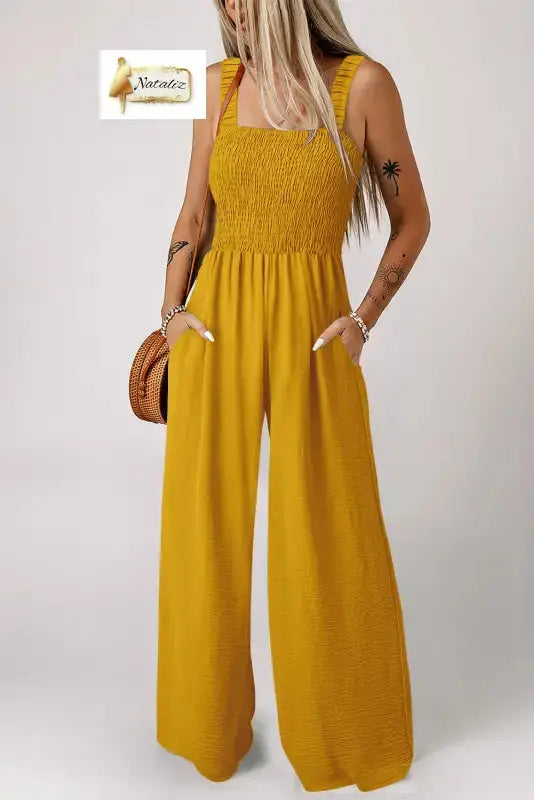 Ginger Smocked Sleeveless Wide Leg Jumpsuit with Pockets Dear-Lover Dropshipping