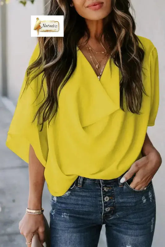 Golden Glow Women's Casual Summer Sleeve Wrap V Neck Draped Blouses Dear-Lover Dropshipping