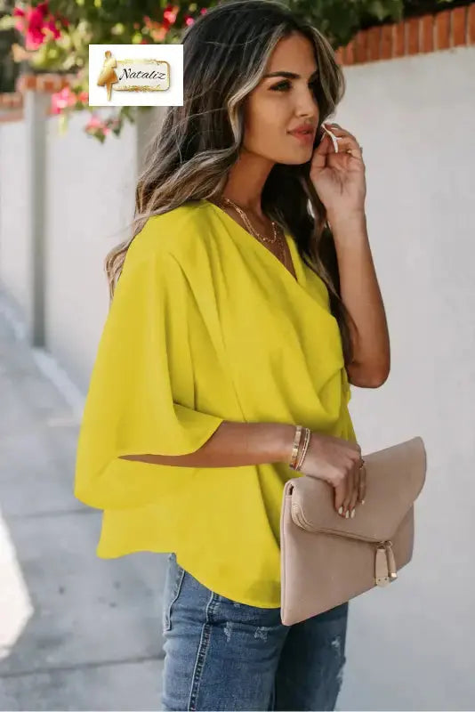 Golden Glow Women's Casual Summer Sleeve Wrap V Neck Draped Blouses Dear-Lover Dropshipping
