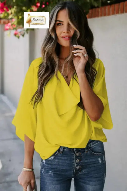 Golden Glow Women's Casual Summer Sleeve Wrap V Neck Draped Blouses Dear-Lover Dropshipping