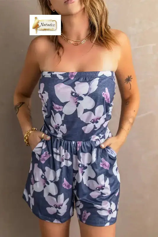 Gray Bandeau Floral Print Romper with Pockets Dear-Lover Dropshipping