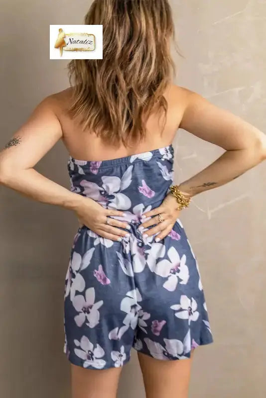 Gray Bandeau Floral Print Romper with Pockets Dear-Lover Dropshipping