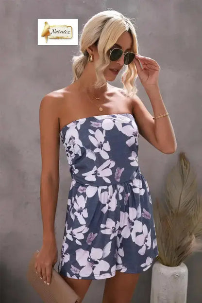 Gray Bandeau Floral Print Romper with Pockets Dear-Lover Dropshipping