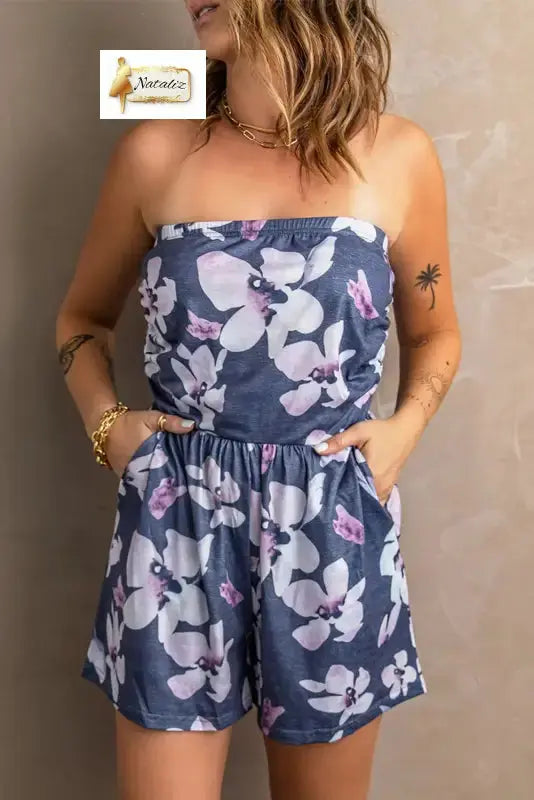 Gray Bandeau Floral Print Romper with Pockets Dear-Lover Dropshipping
