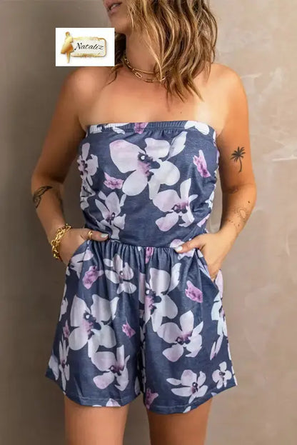 Gray Bandeau Floral Print Romper with Pockets Dear-Lover Dropshipping