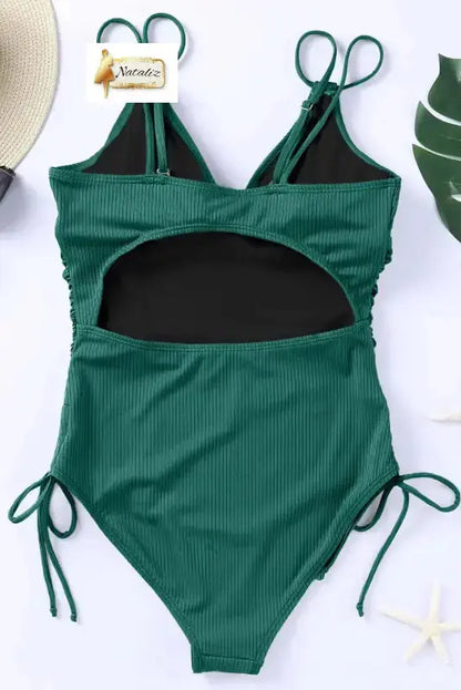 Green Adjustable Straps Ribbed Knit One Piece Swimsuit Dear-Lover Dropshipping