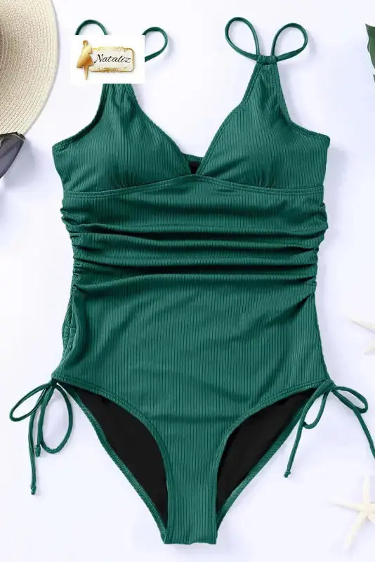 Green Adjustable Straps Ribbed Knit One Piece Swimsuit Dear-Lover Dropshipping