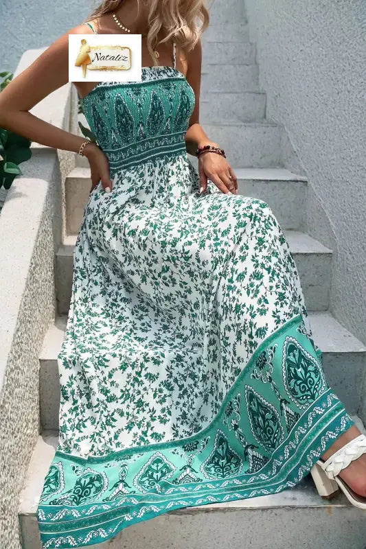 Green Boho Floral Print Shirred Cami Maxi Dress Dear-Lover Dropshipping