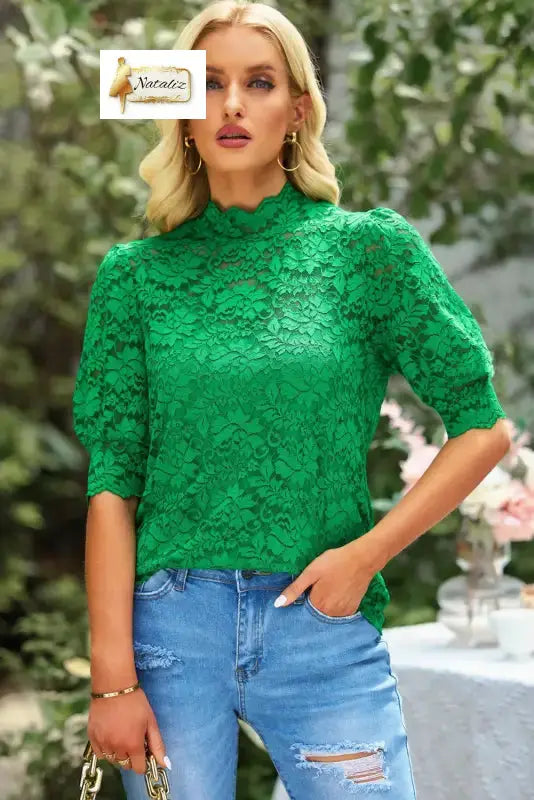 Green High Neck Lace Short Sleeve Blouse Nataliz
