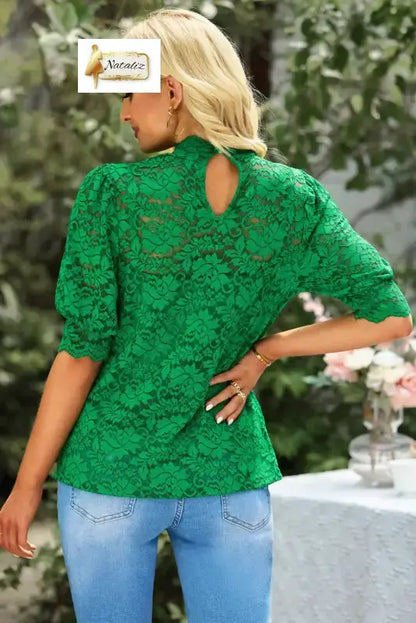 Green High Neck Lace Short Sleeve Blouse Nataliz