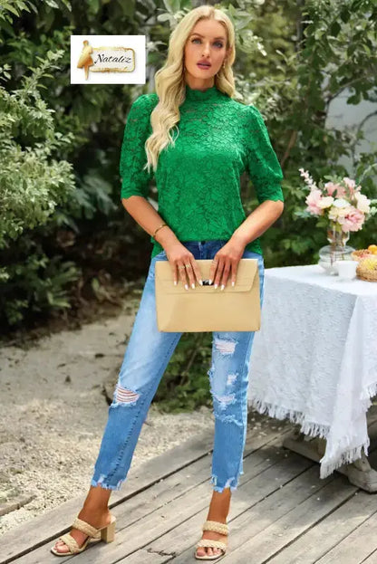 Green High Neck Lace Short Sleeve Blouse Nataliz
