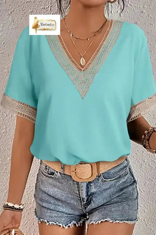 Green Lace Trim V Neck Short Sleeve Blouse Nataliz