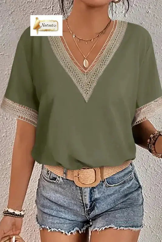 Green Lace Trim V Neck Short Sleeve Blouse Dear-Lover Dropshipping