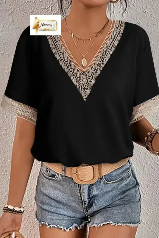 Green Lace Trim V Neck Short Sleeve Blouse Nataliz