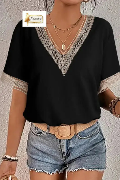 Green Lace Trim V Neck Short Sleeve Blouse Nataliz