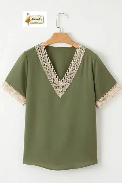 Green Lace Trim V Neck Short Sleeve Blouse Dear-Lover Dropshipping