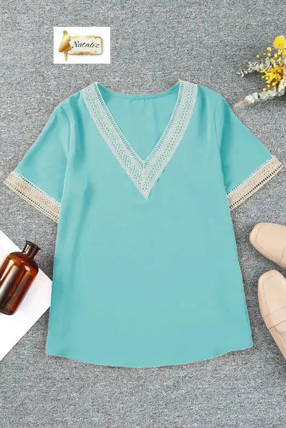 Green Lace Trim V Neck Short Sleeve Blouse Nataliz