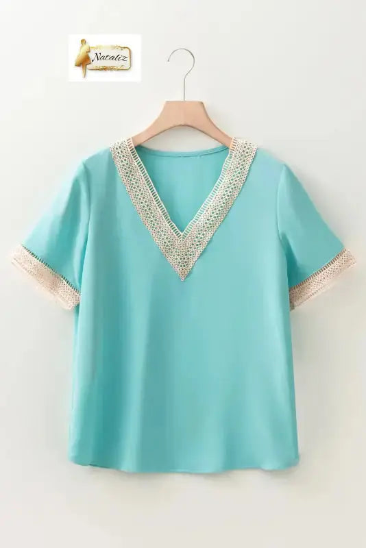 Green Lace Trim V Neck Short Sleeve Blouse Nataliz