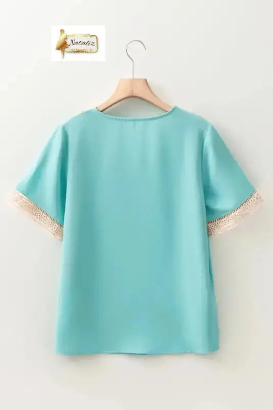 Green Lace Trim V Neck Short Sleeve Blouse Nataliz