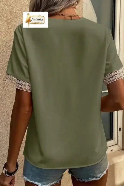 Green Lace Trim V Neck Short Sleeve Blouse Dear-Lover Dropshipping