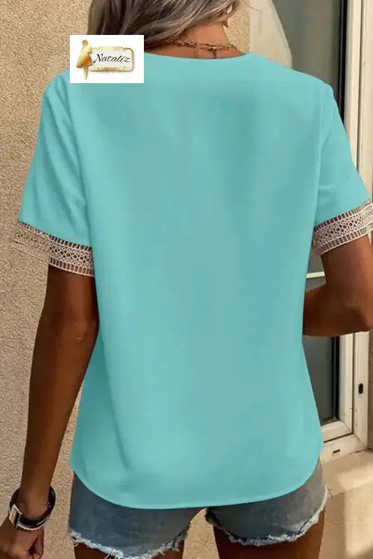 Green Lace Trim V Neck Short Sleeve Blouse Nataliz