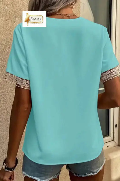Green Lace Trim V Neck Short Sleeve Blouse Nataliz