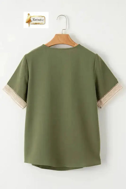 Green Lace Trim V Neck Short Sleeve Blouse Dear-Lover Dropshipping