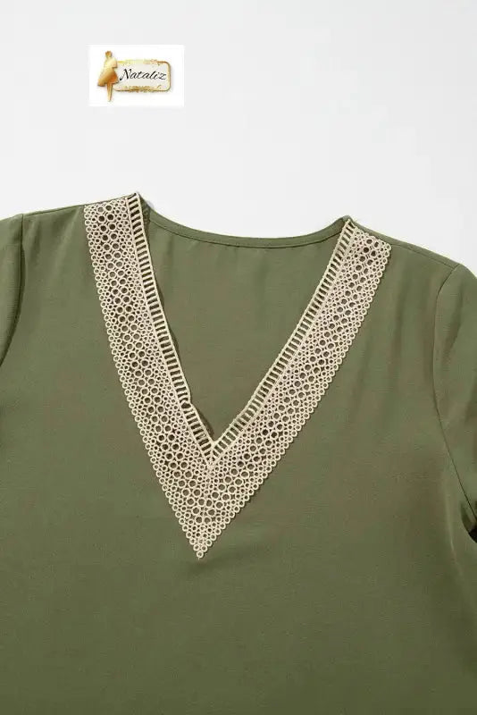 Green Lace Trim V Neck Short Sleeve Blouse Nataliz