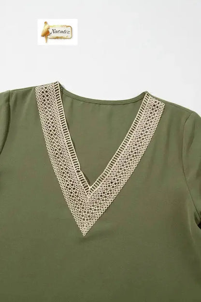 Green Lace Trim V Neck Short Sleeve Blouse Nataliz