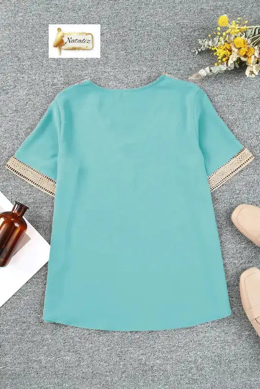 Green Lace Trim V Neck Short Sleeve Blouse Nataliz