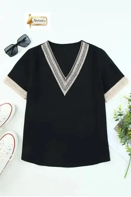 Green Lace Trim V Neck Short Sleeve Blouse Nataliz