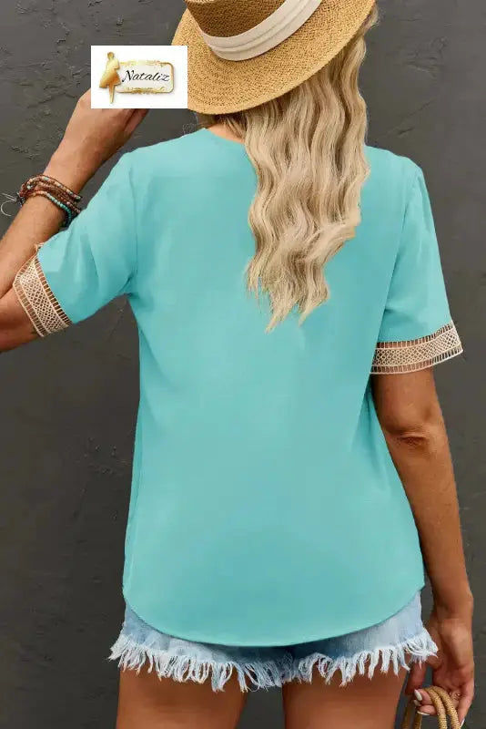 Green Lace Trim V Neck Short Sleeve Blouse Nataliz