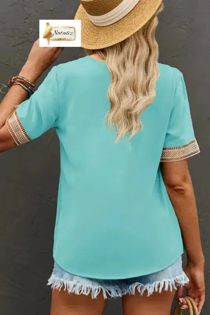 Green Lace Trim V Neck Short Sleeve Blouse Nataliz