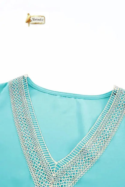 Green Lace Trim V Neck Short Sleeve Blouse Nataliz