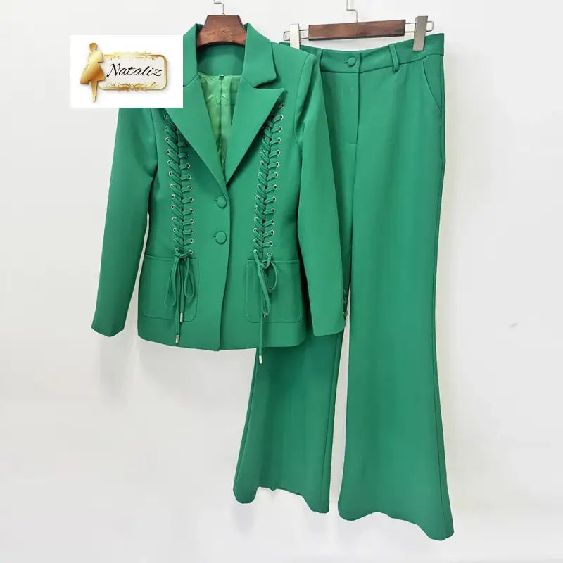 Green Lace up Blazer and Flared Pants Two Piece Set Guangzhou Migu Garment Company Limited