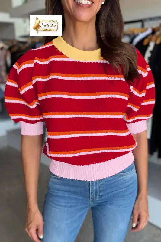 Green Stripe Colorblock Trim Half Sleeve Sweater Top Nataliz