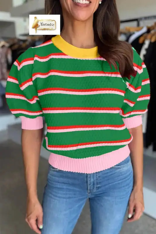 Green Stripe Colorblock Trim Half Sleeve Sweater Top Nataliz