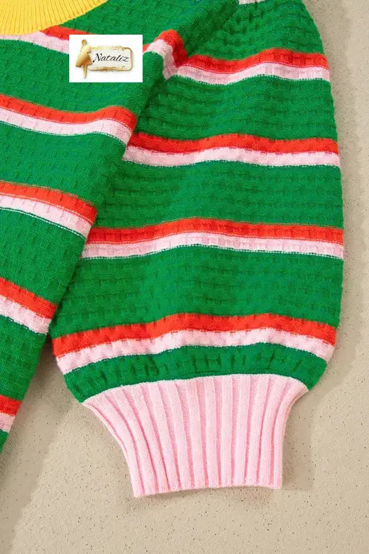 Green Stripe Colorblock Trim Half Sleeve Sweater Top Nataliz