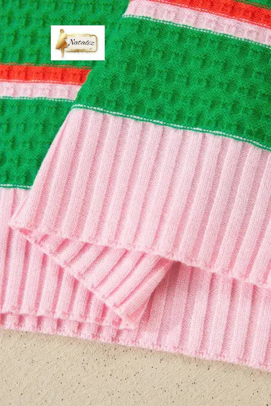 Green Stripe Colorblock Trim Half Sleeve Sweater Top Nataliz