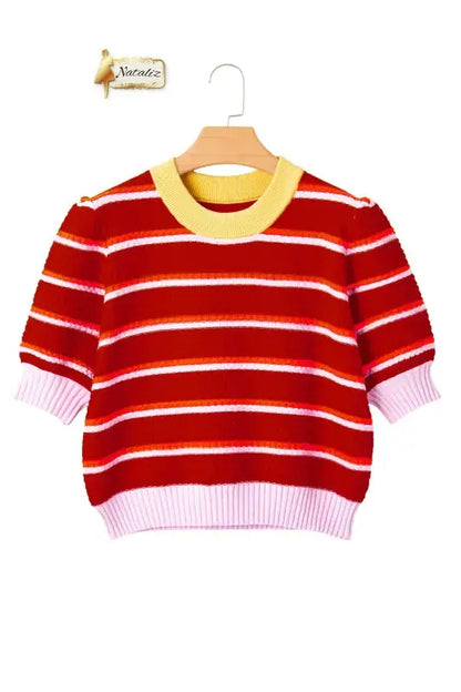 Green Stripe Colorblock Trim Half Sleeve Sweater Top Nataliz