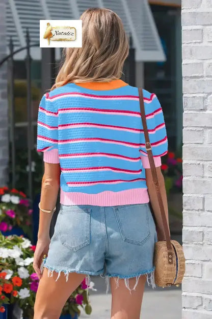 Green Stripe Colorblock Trim Half Sleeve Sweater Top Nataliz