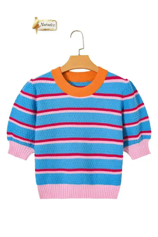 Green Stripe Colorblock Trim Half Sleeve Sweater Top Nataliz