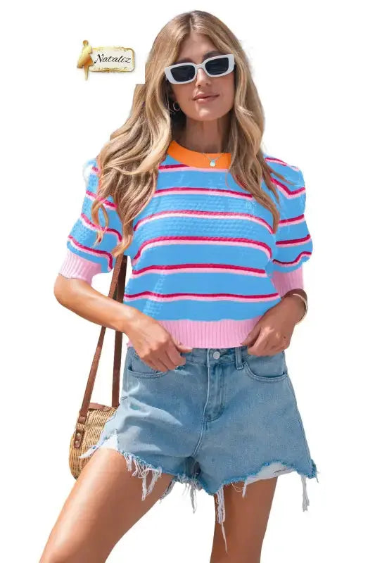 Green Stripe Colorblock Trim Half Sleeve Sweater Top Nataliz