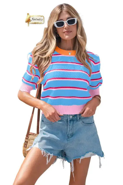 Green Stripe Colorblock Trim Half Sleeve Sweater Top Nataliz