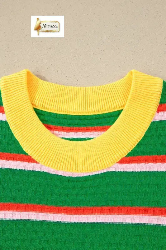 Green Stripe Colorblock Trim Half Sleeve Sweater Top Nataliz