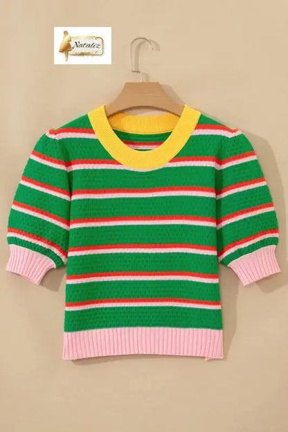 Green Stripe Colorblock Trim Half Sleeve Sweater Top Nataliz