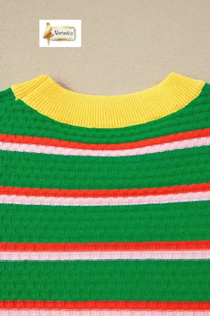 Green Stripe Colorblock Trim Half Sleeve Sweater Top Nataliz